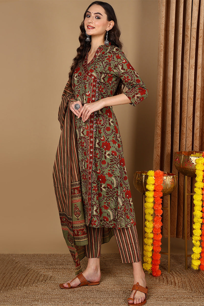 Green Pure Cotton Floral Printed Angarkha Suit Set VKSKD2067