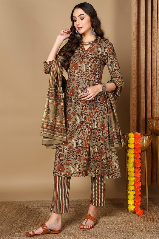 Taupe Pure Cotton Floral Printed Angharkha Suit Set VKSKD2068