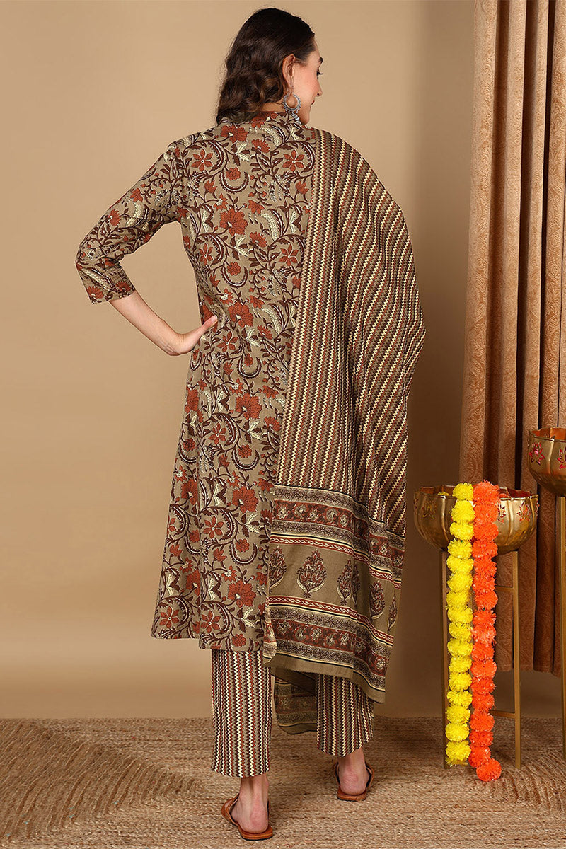 Taupe Pure Cotton Floral Printed Anarkali Suit Set VKSKD2068