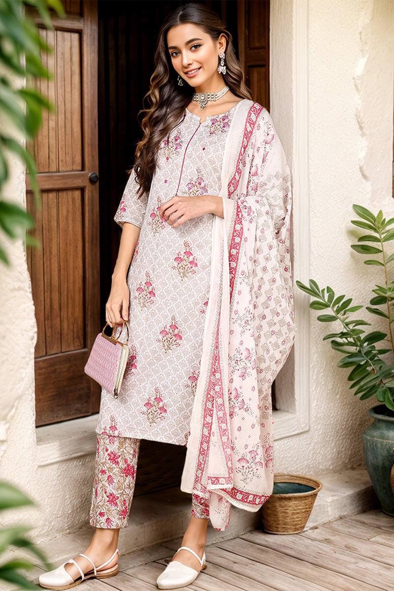 Off White Pure Cotton Ethnic Motifs Printed Suit Set VKSKD2069