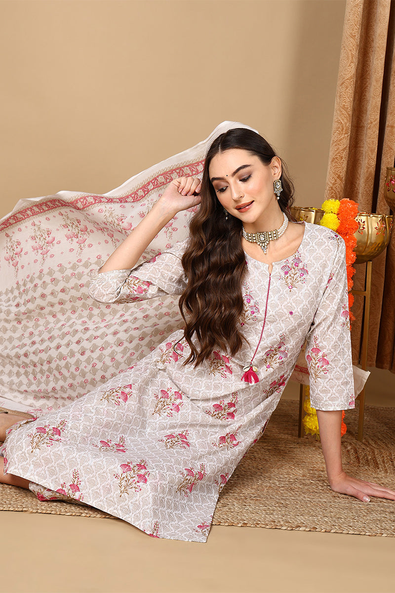 Off White Pure Cotton Ethnic Motifs Printed Suit Set VKSKD2069
