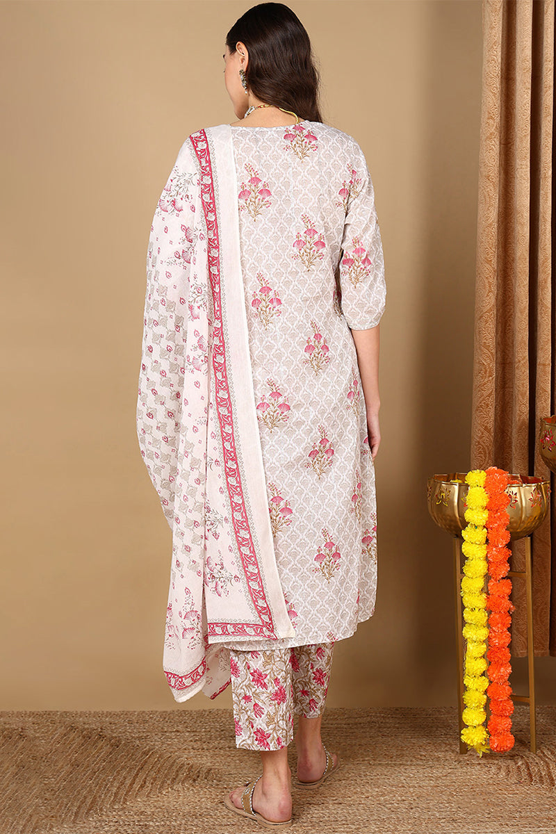 Off White Pure Cotton Ethnic Motifs Printed Suit Set VKSKD2069