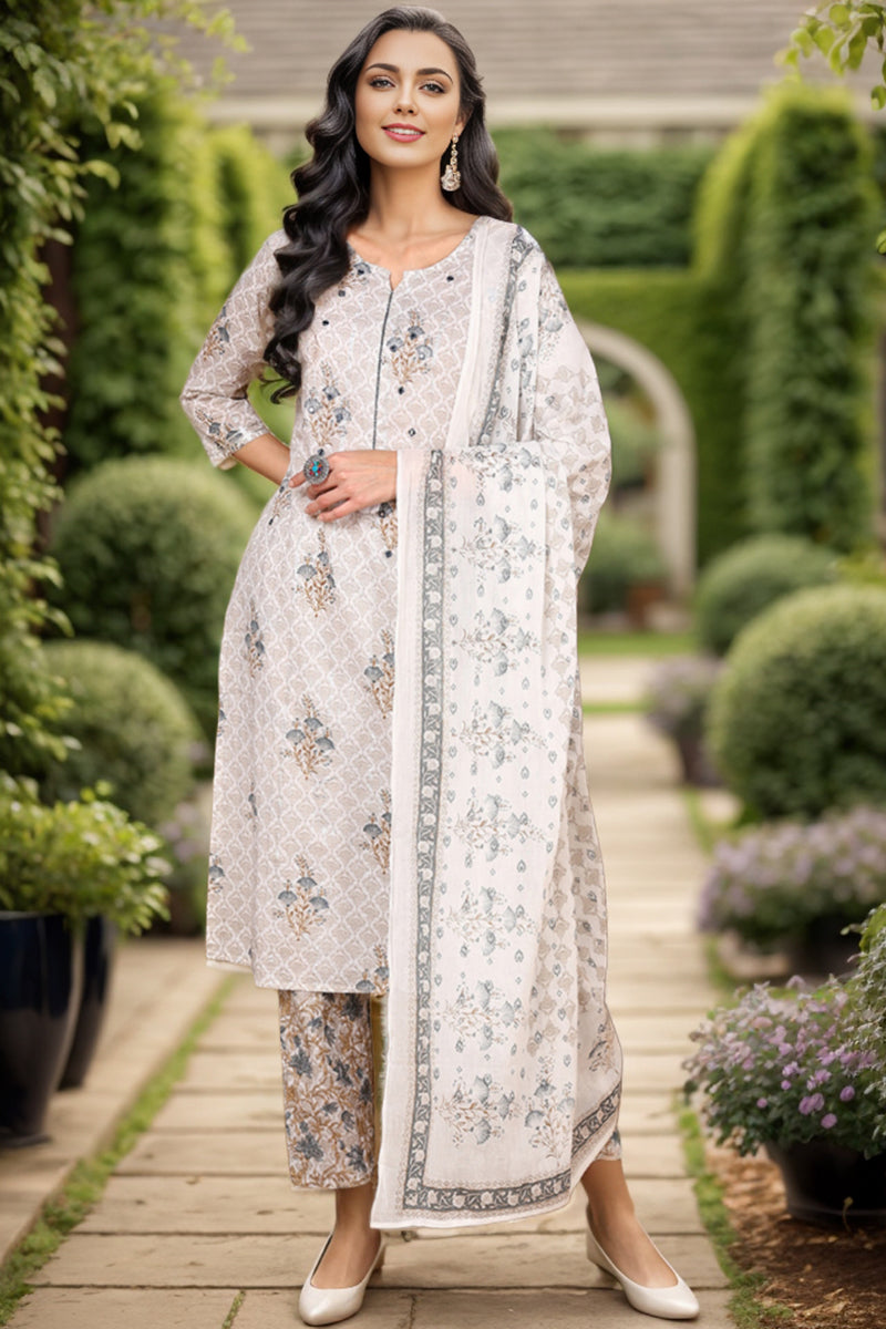 Off White Pure Cotton Ethnic Printed Straight Suit Set VKSKD2070