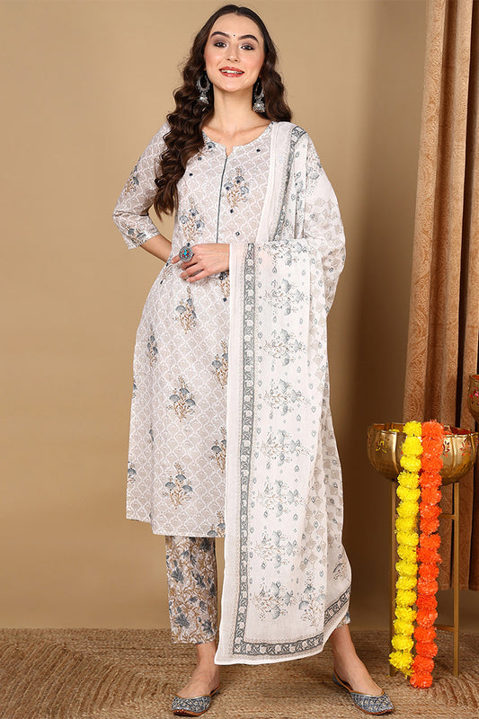 Off White Pure Cotton Printed Ethnic Motifs Suit Set VKSKD2071