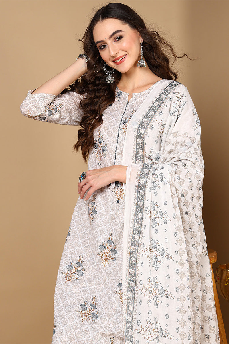 Off White Pure Cotton Printed Ethnic Motifs Suit Set VKSKD2071