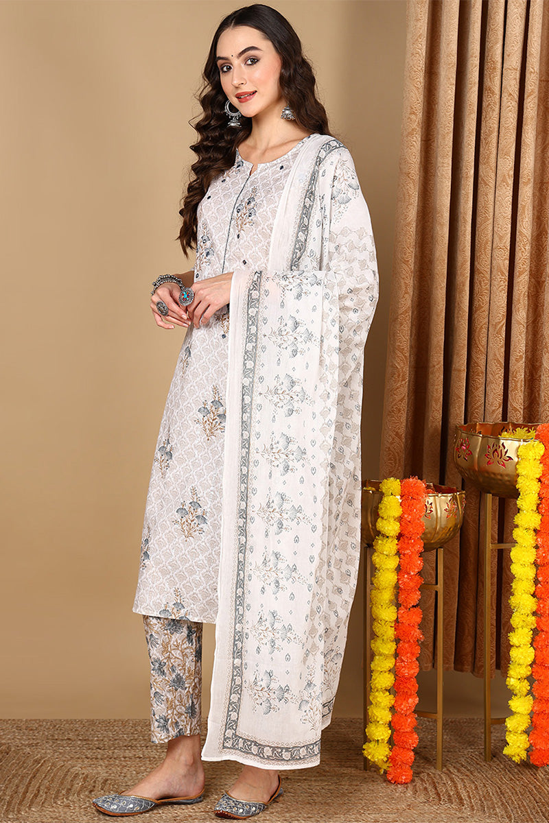 Off White Pure Cotton Printed Ethnic Motifs Suit Set VKSKD2071