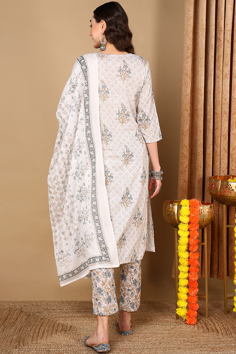 Off White Pure Cotton Printed Ethnic Motifs Suit Set VKSKD2071