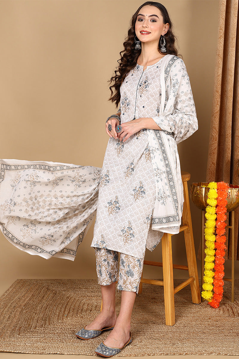 Off White Pure Cotton Printed Ethnic Motifs Suit Set VKSKD2071