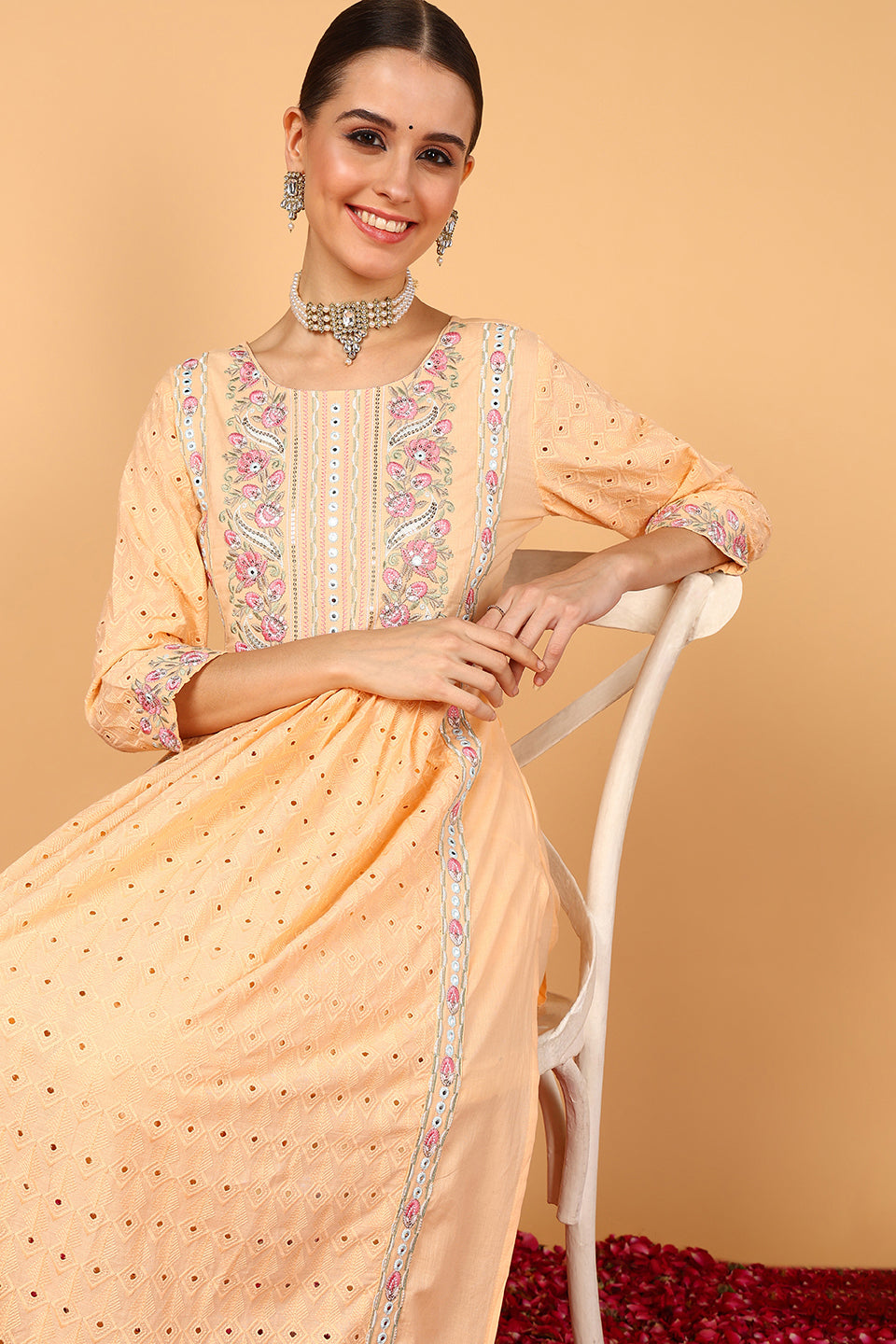 Orange Pure Cotton Solid Embroidered Flared Suit Set VKSKD2073