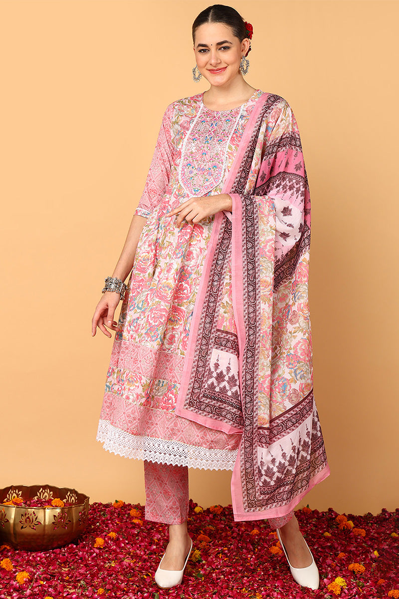 Pink Pure Cotton Floral Printed Flared Style Suit Set VKSKD2075