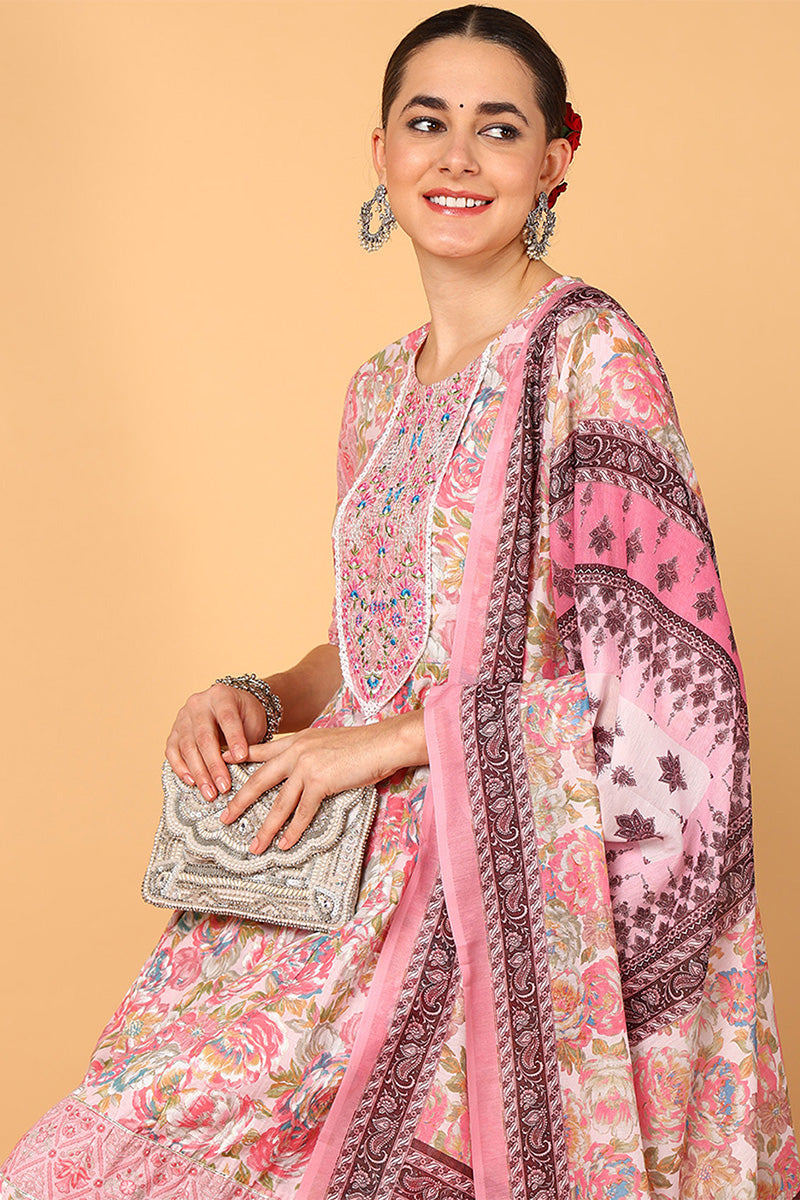 Pink Pure Cotton Floral Printed Flared Style Suit Set VKSKD2075