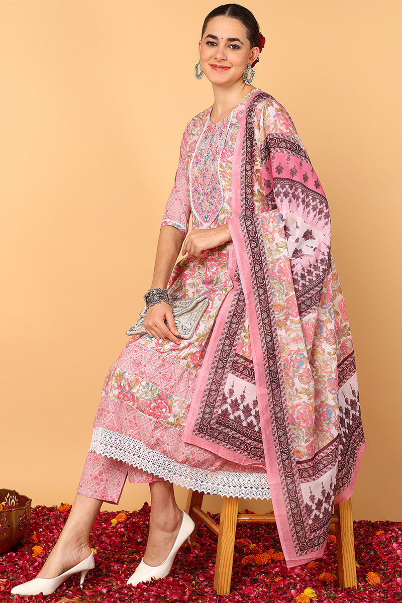 Pink Pure Cotton Floral Printed Flared Style Suit Set VKSKD2075