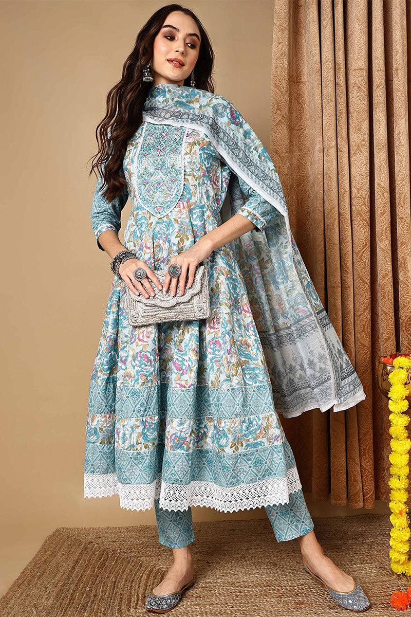 Blue Pure Cotton Floral Printed Anarkali Style Suit Set VKSKD2076