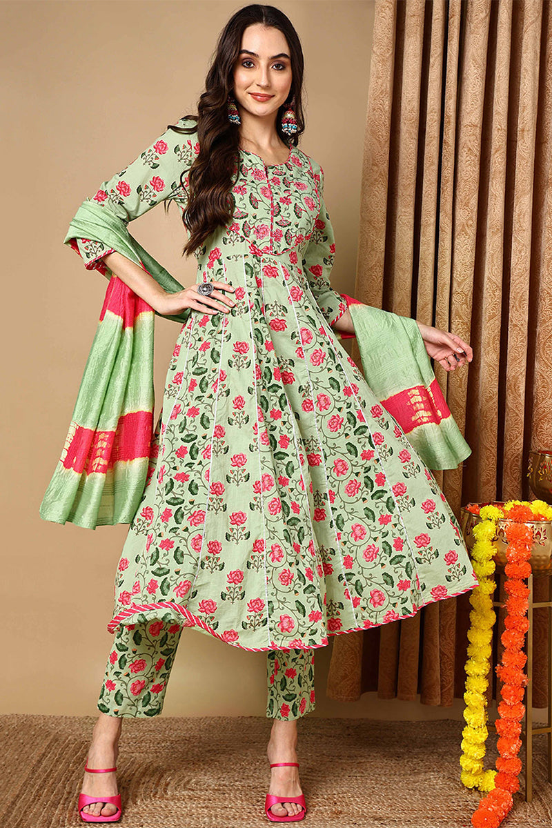 Green Pure Cotton Floral Printed Anarkali Style Suit Set VKSKD2077