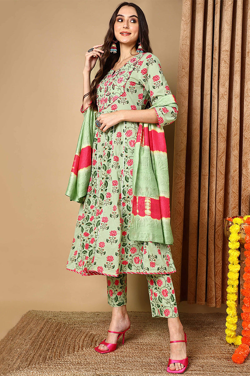 Green Pure Cotton Floral Printed Anarkali Style Suit Set VKSKD2077