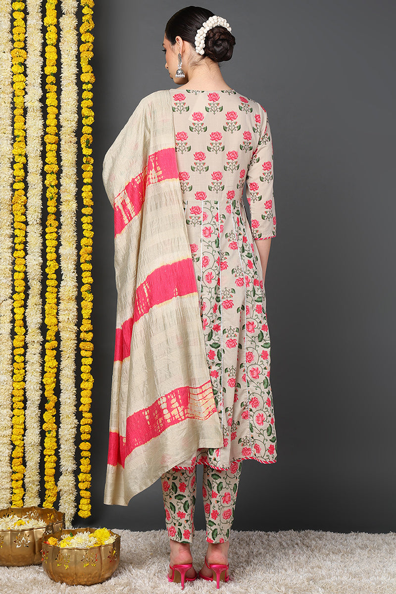 Beige Pure Cotton Floral Yoke Design Flared Suit Set VKSKD2078