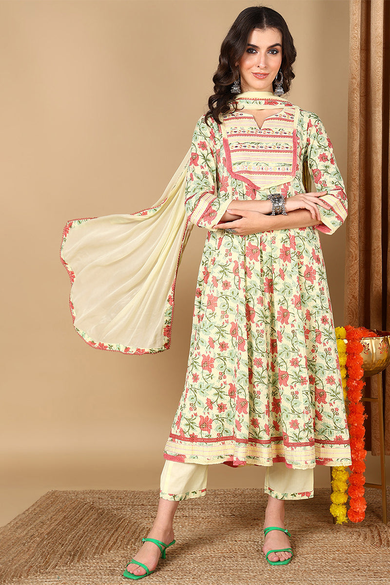 Yellow Pure Cotton Floral Printed Anarkali Style Suit Set VKSKD2079