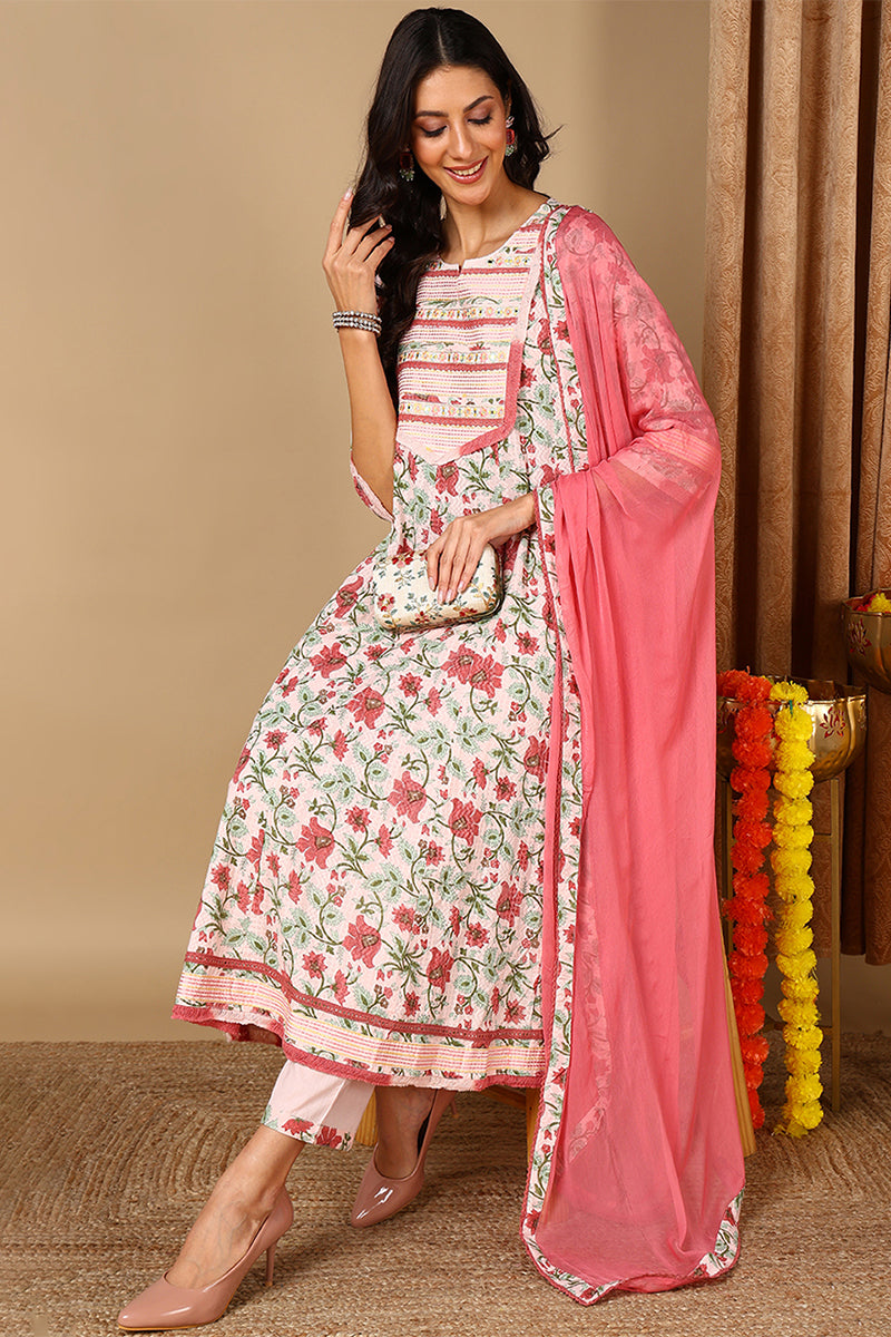 Pink Pure Cotton Floral Printed Anarkali Style Suit Set VKSKD2080 – Ahika