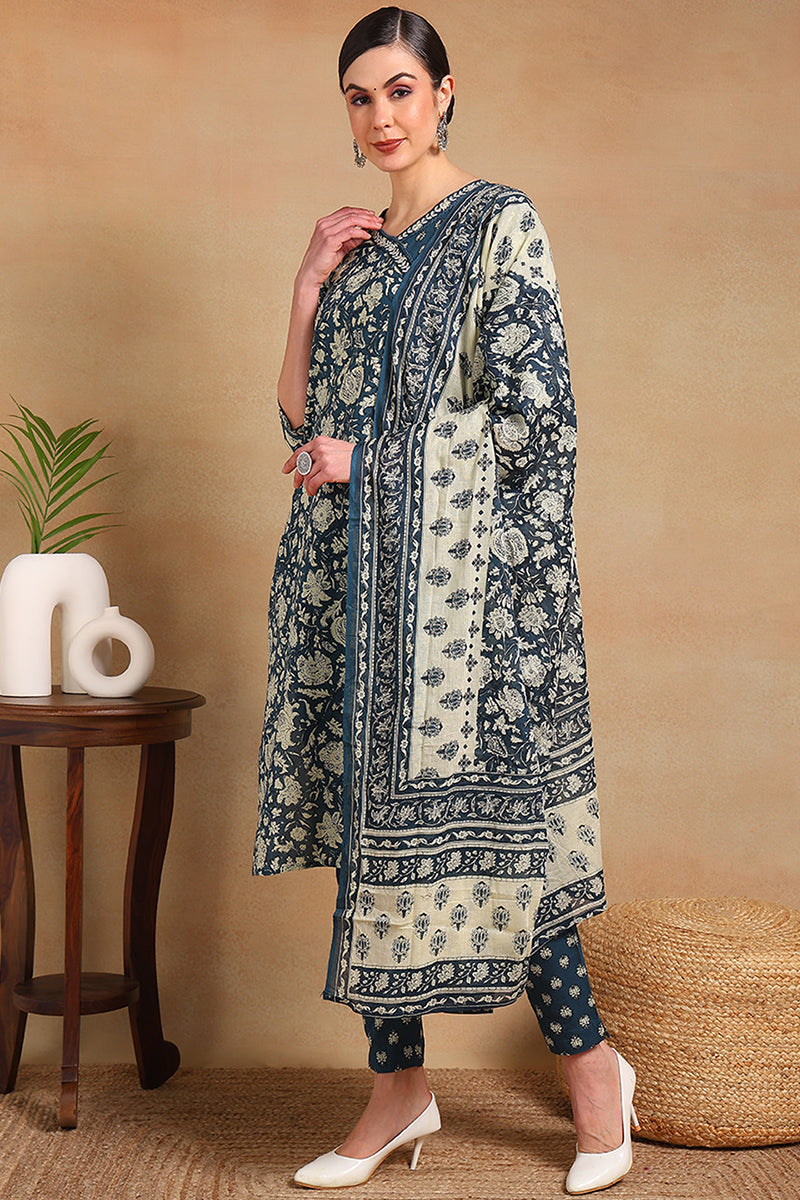 Blue Pure Cotton Floral Printed Straight Angrakha Suit Set VKSKD2084