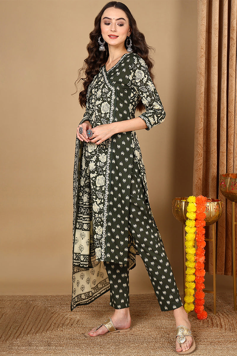 Green Pure Cotton Floral Printed Angrakha Style Suit Set VKSKD2085