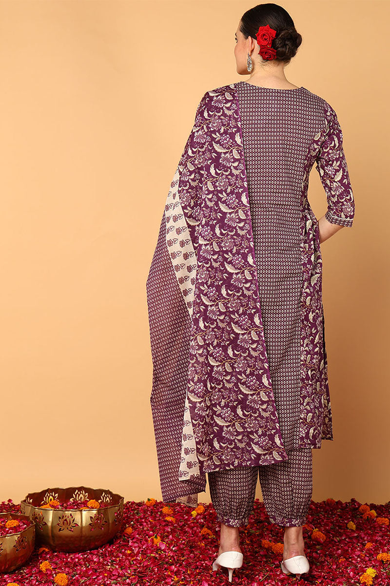 Magenta Pure Cotton Floral Printed Flared Suit Set VKSKD2087