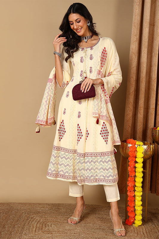Yellow Pure Cotton Ethnic Motifs Printed Anarkali Suit Set VKSKD2088