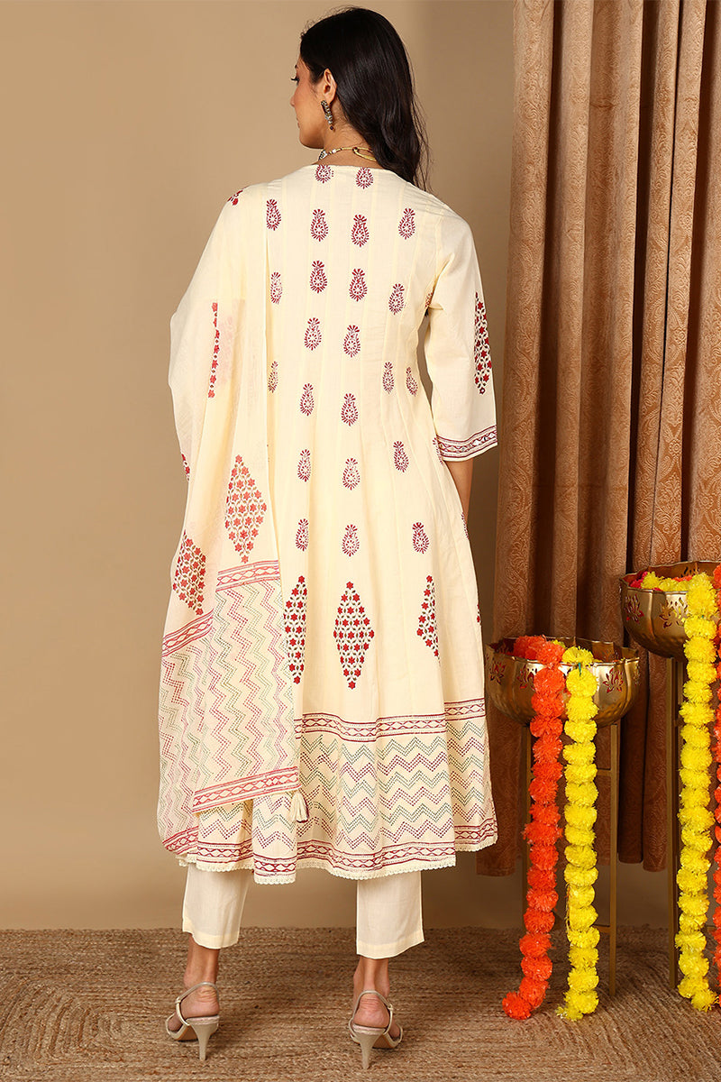 Yellow Pure Cotton Ethnic Motifs Printed Anarkali Suit Set VKSKD2088