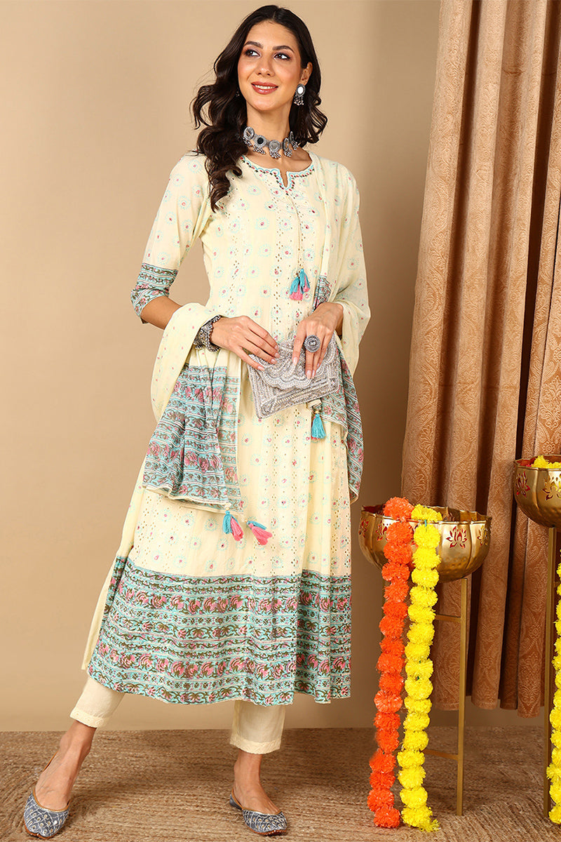 Yellow Pure Cotton Ethnic Motifs Printed Anarkali Style Suit Set VKSKD2090