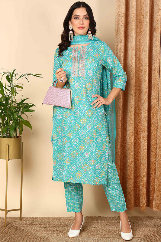 Turquoise Blue Poly Cotton Bandhani Printed Straight Suit Set VKSKD2092