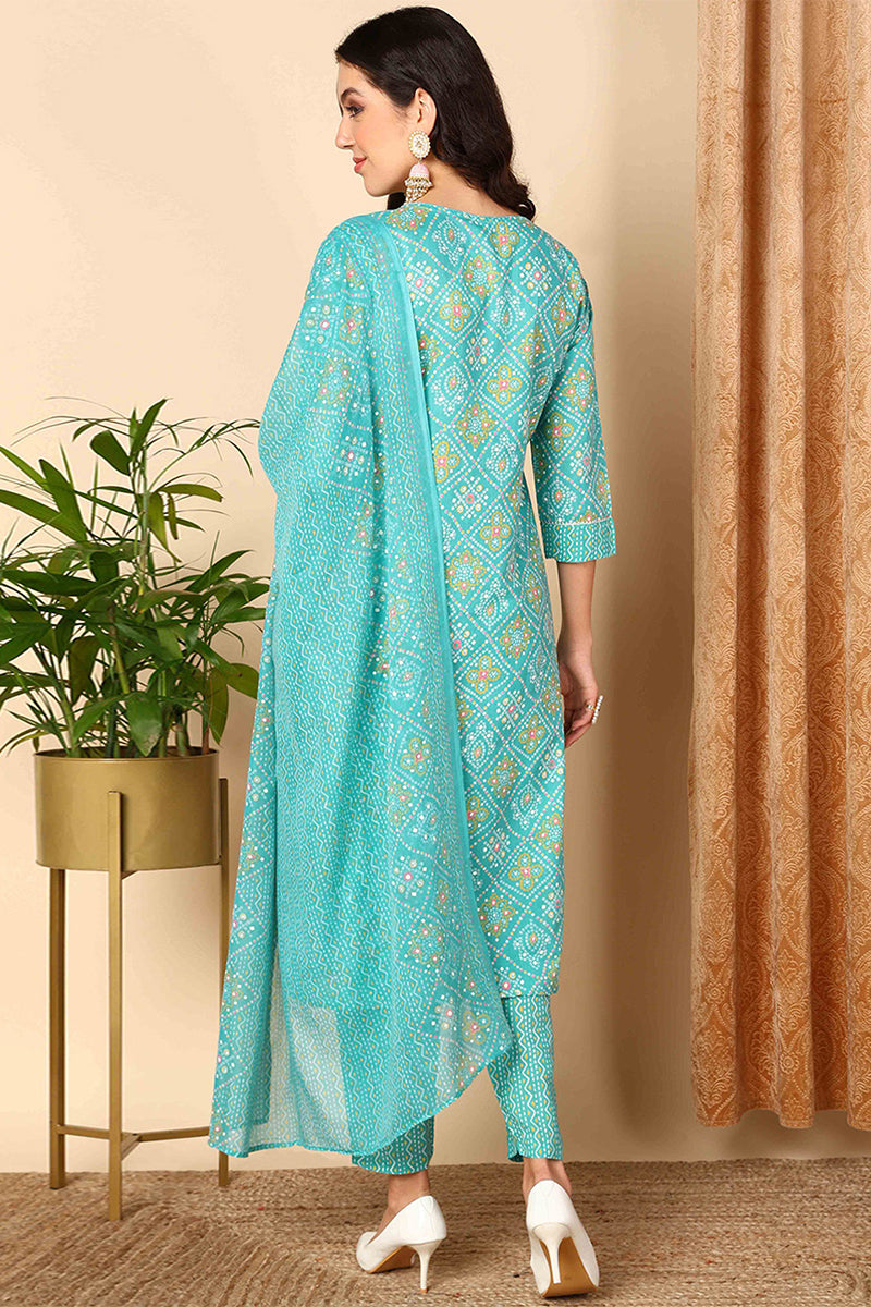Turquoise Blue Poly Cotton Bandhani Printed Straight Suit Set VKSKD2092