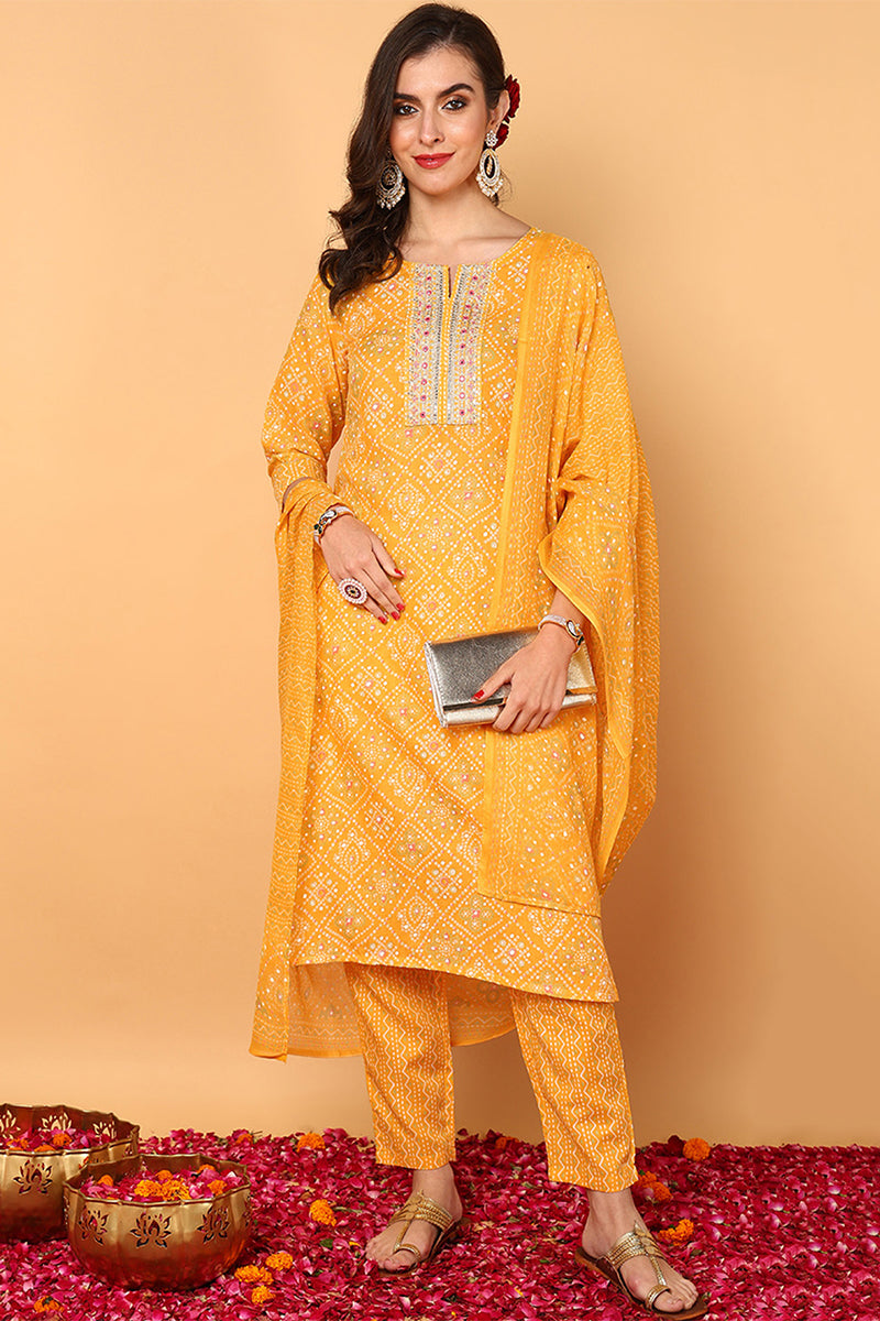 Yellow Poly Cotton Bandhani Printed Straight Suit Set VKSKD2093