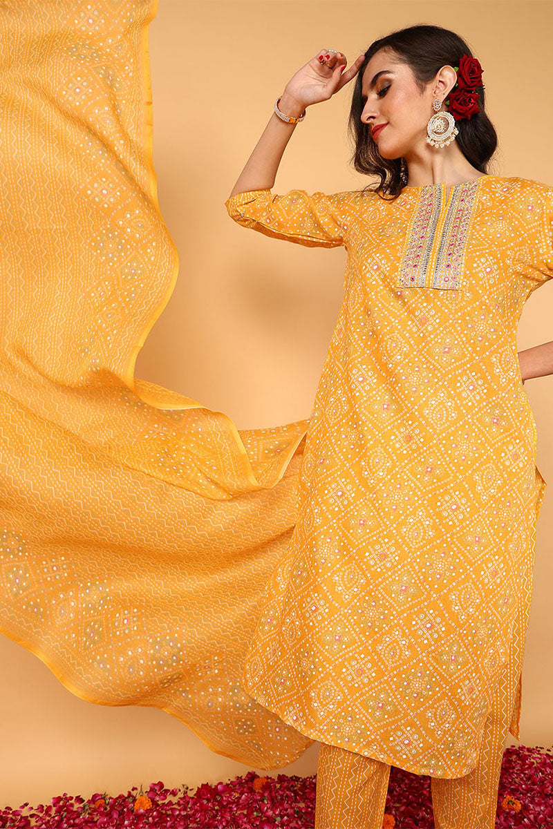 Yellow Poly Cotton Bandhani Printed Straight Suit Set VKSKD2093