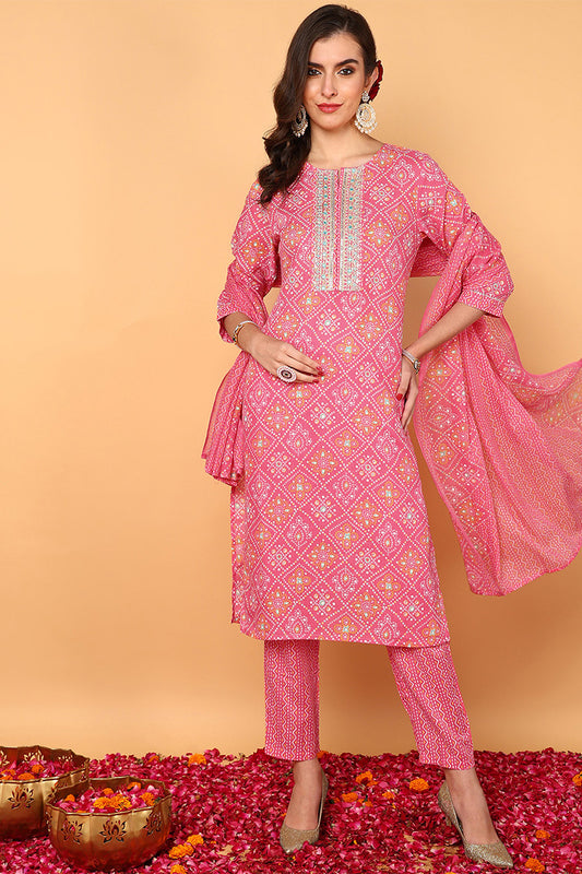 Pink Poly Cotton Bandhani Printed Straight Suit Set VKSKD2094