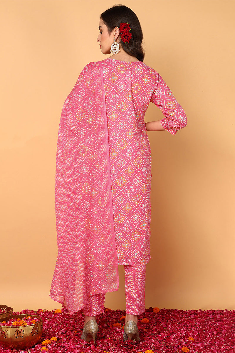 Pink Poly Cotton Bandhani Printed Straight Suit Set VKSKD2094