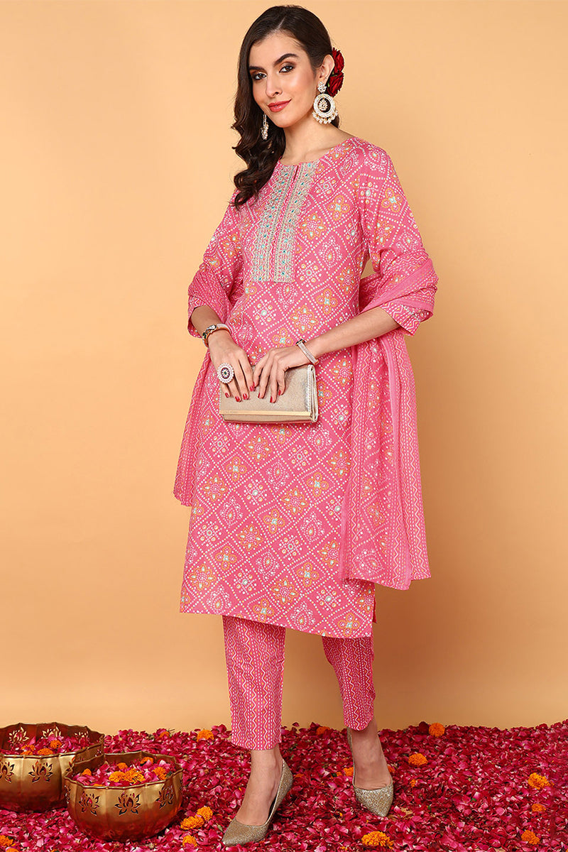 Pink Poly Cotton Bandhani Printed Straight Suit Set VKSKD2094