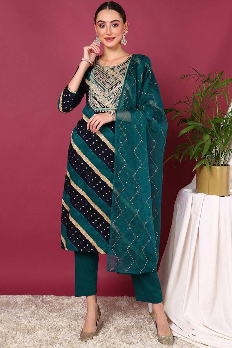 Navy Blue Viscose Rayon Leheriya Printed Yoke Design Straight Suit Set VKSKD2099