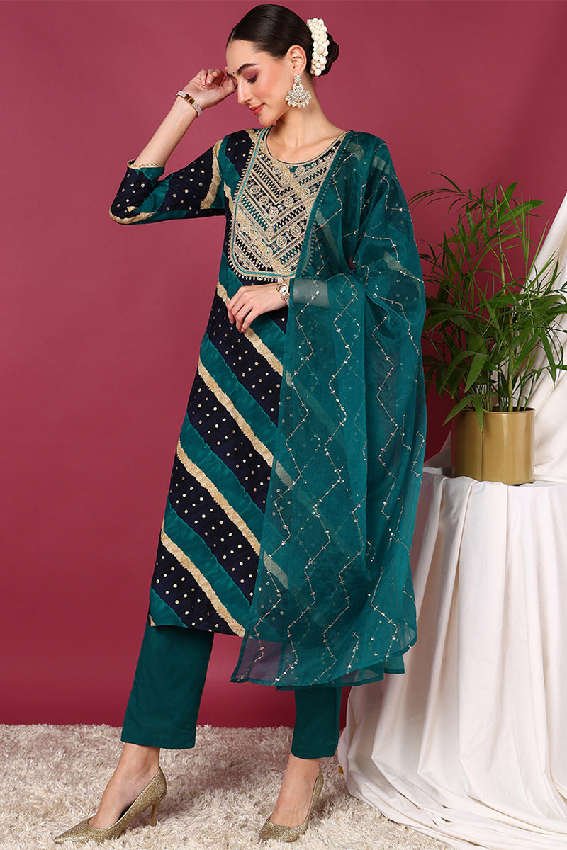 Plus Size Navy Blue Viscose Rayon Leheriya Printed Yoke Design Straight Suit Set VKSKD2099