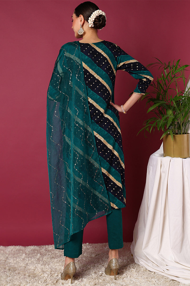 Plus Size Navy Blue Viscose Rayon Leheriya Printed Yoke Design Straight Suit Set VKSKD2099