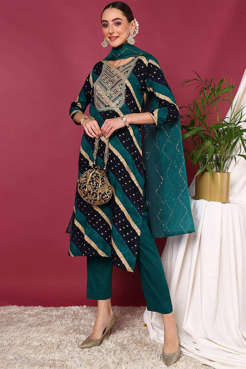 Plus Size Navy Blue Viscose Rayon Leheriya Printed Yoke Design Straight Suit Set VKSKD2099
