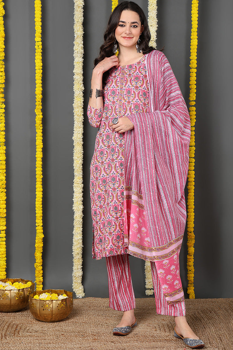 Pink Rayon Blend Ethnic Motifs Printed Straight Suit Set VKSKD2100