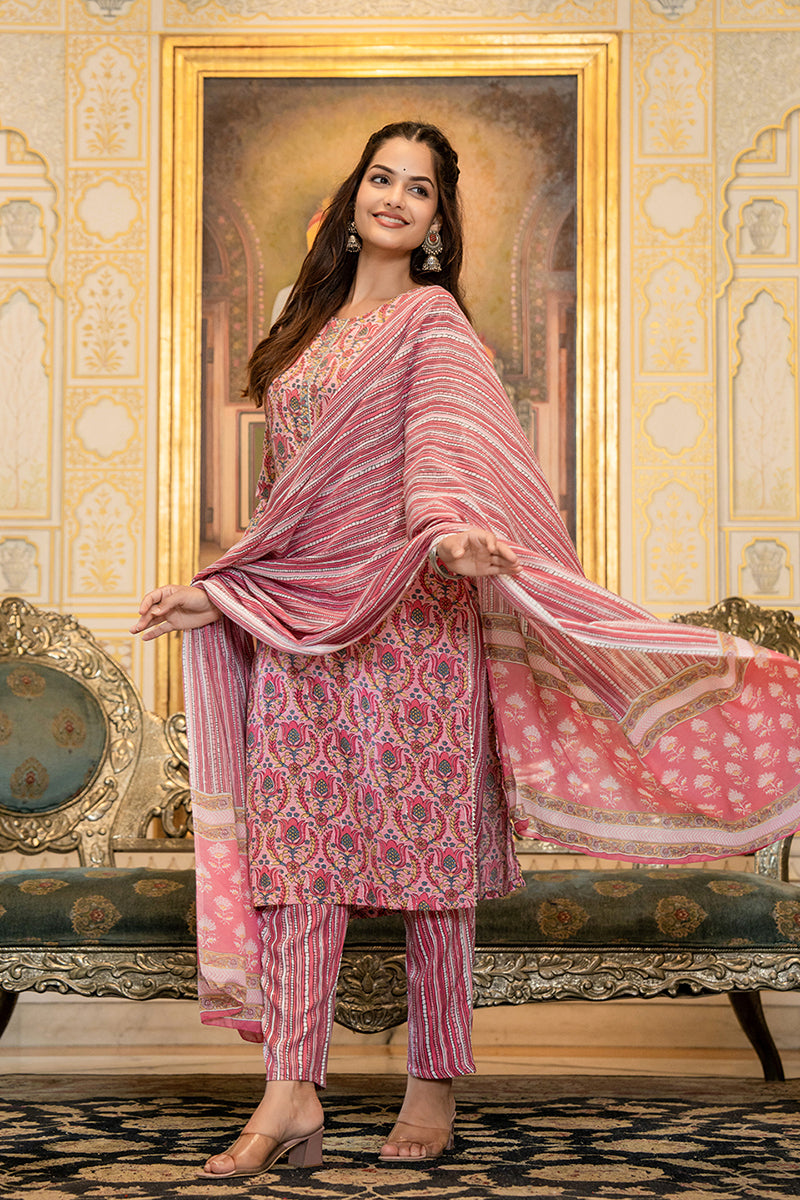 Pink Rayon Blend Ethnic Motifs Printed Straight Suit Set VKSKD2100