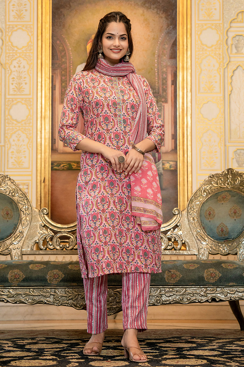 Pink Rayon Blend Ethnic Motifs Printed Straight Suit Set VKSKD2100