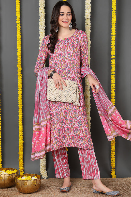 Pink Rayon Blend Ethnic Motifs Printed Straight Suit Set VKSKD2100