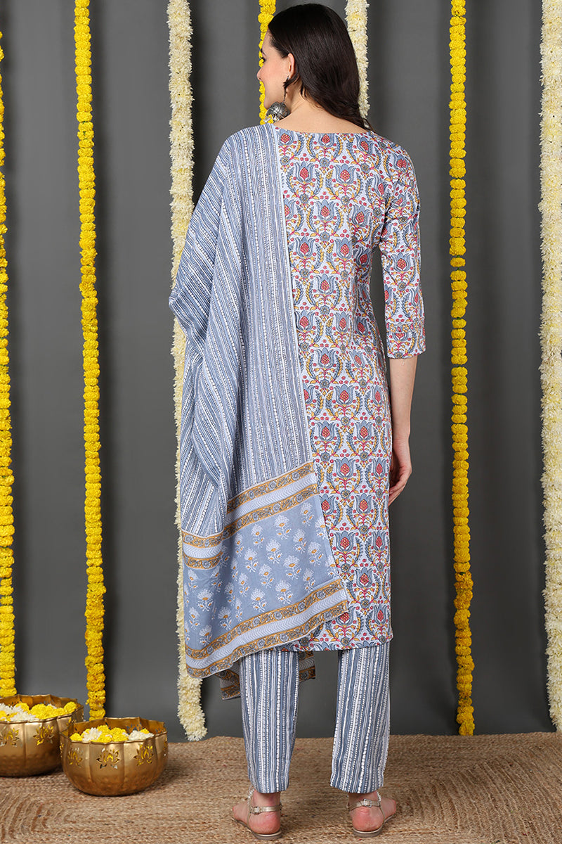 Grey Rayon Blend Ethnic Motifs Printed Straight Suit Set VKSKD2101