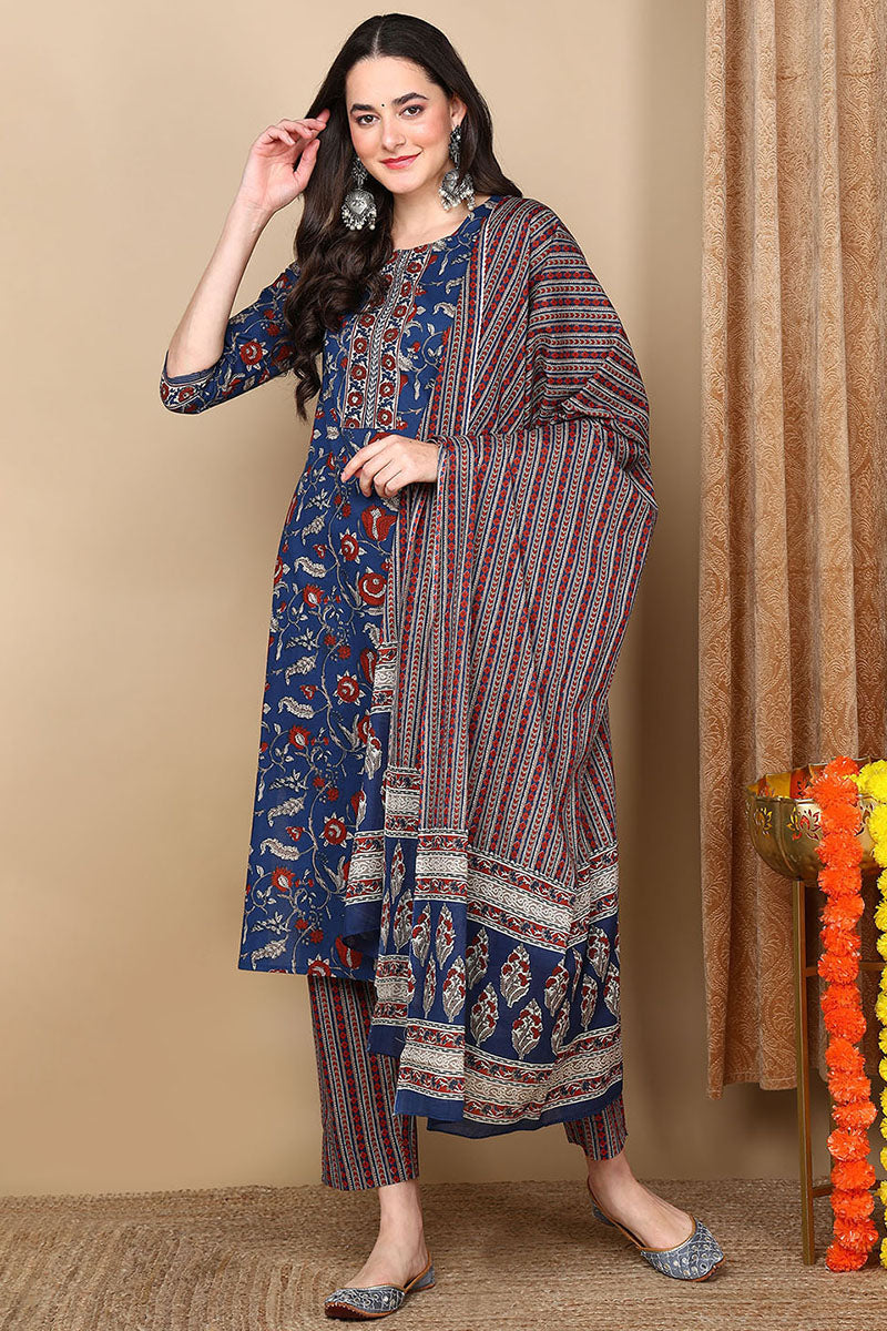 Navy Blue Pure Cotton Floral Printed Flared Style Suit Set VKSKD2105