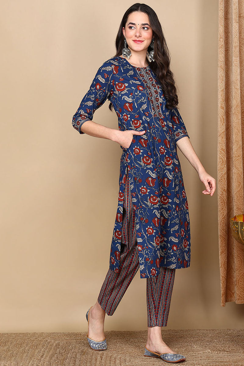 Navy Blue Pure Cotton Floral Printed Flared Style Suit Set VKSKD2105