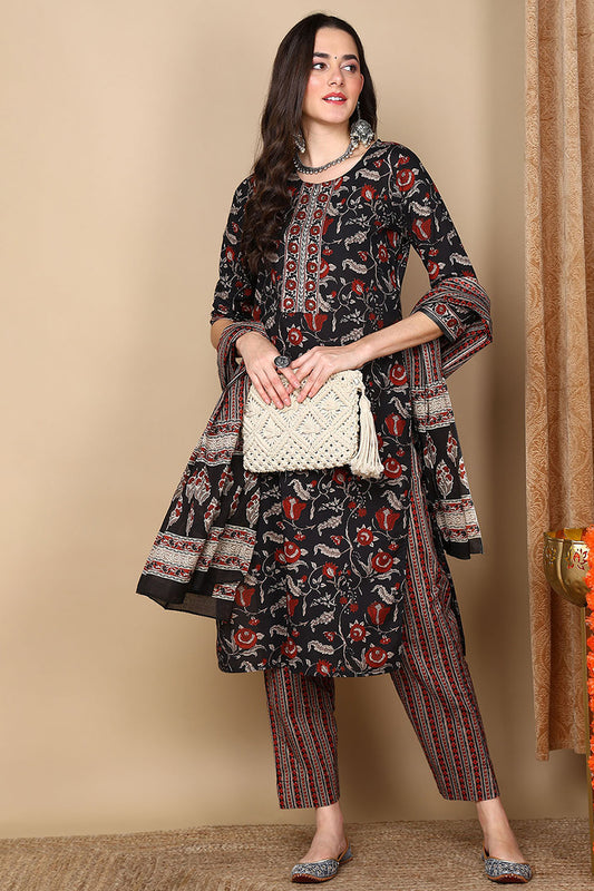 Black Pure Cotton Floral Printed Flared Suit Set VKSKD2106