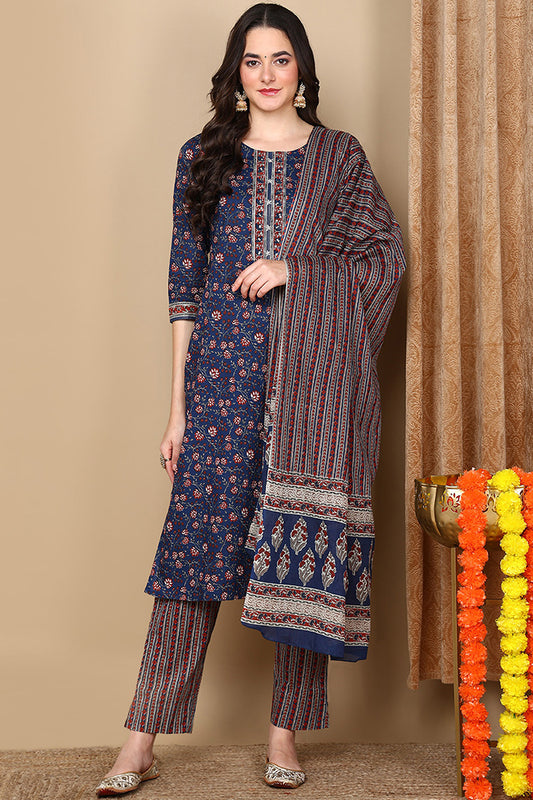Navy Blue Pure Cotton Floral Printed Flared Suit Set VKSKD2107