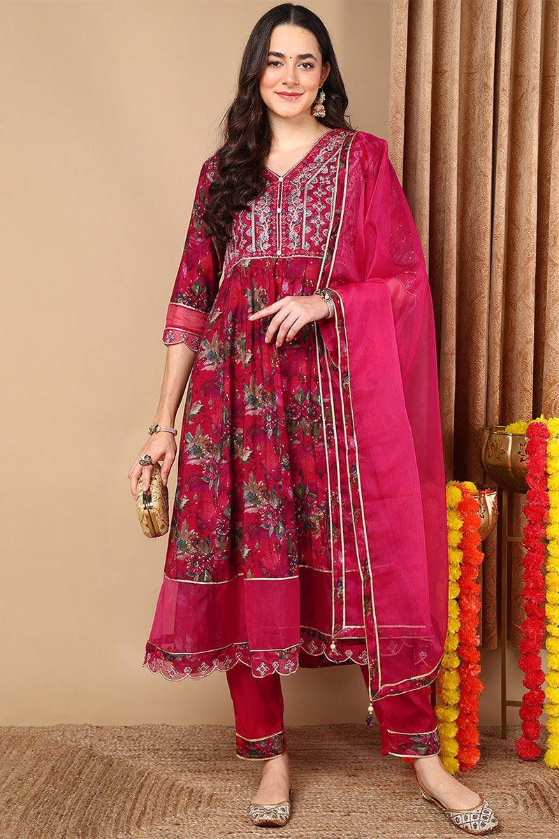Magenta Pure Cotton Abstract Printed Flared Suit Set VKSKD2115