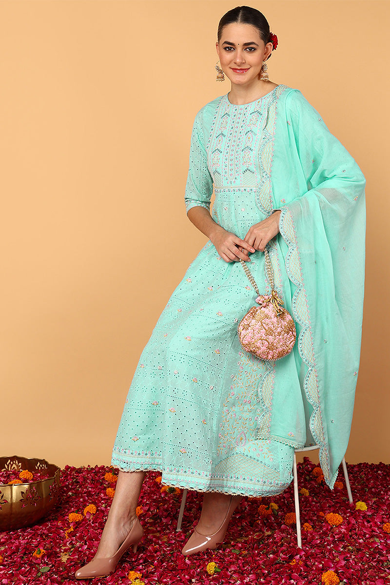 Blue Pure Cotton Solid Embroidered Flared Suit Set VKSKD2117